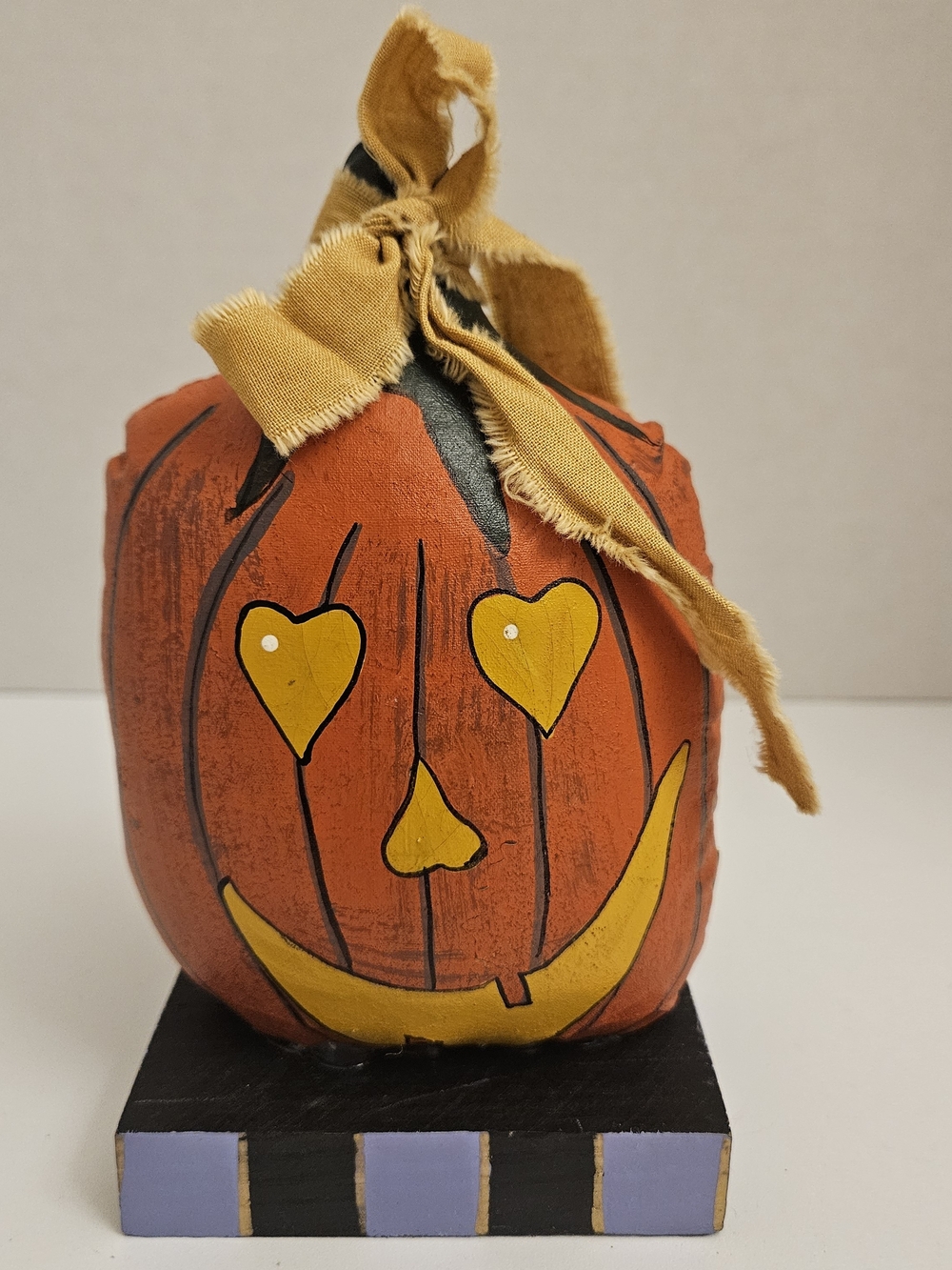 Primitive Handcrafted Pumpkin Handpainted Fabric Jack O'Lantern Burlap Bow